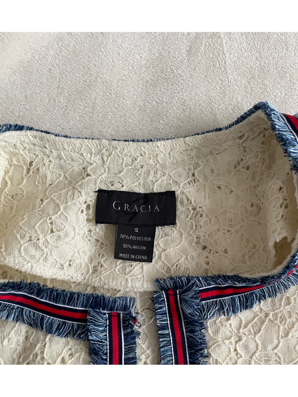 Gracia Cream Lace Tweed Jacket with Navy & Red Trim - Picture 2 of 9